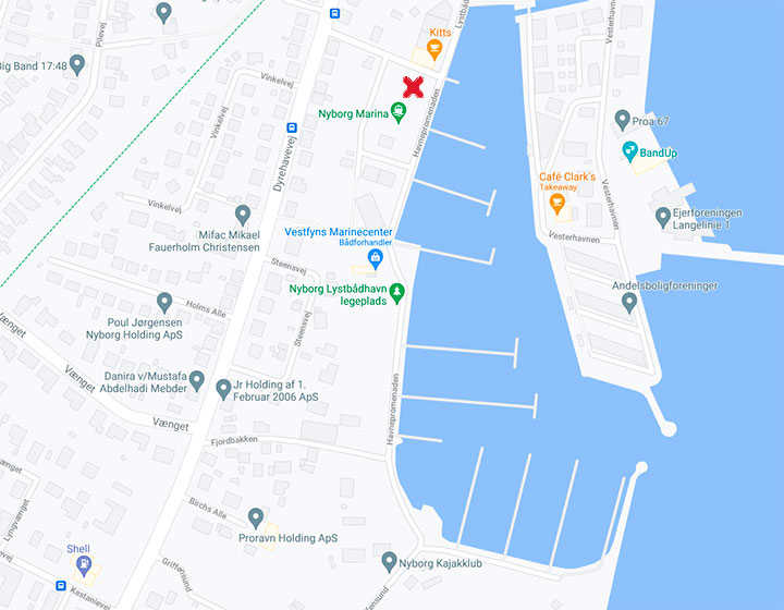 Kort over pladser til autocampere i Nyborg Marina